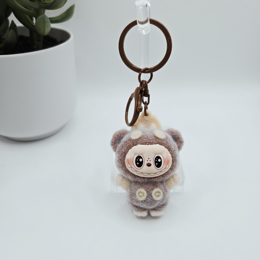 Cute Brown FLocked Labubu  Keychain with Bear Costume
